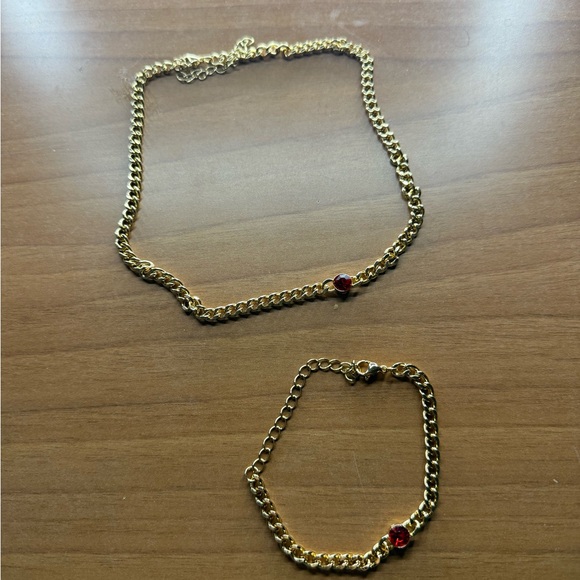 New With Tags Slide Jewelry Red Gemstone Gold Plated Necklace and Bracelet Set - Picture 3 of 7